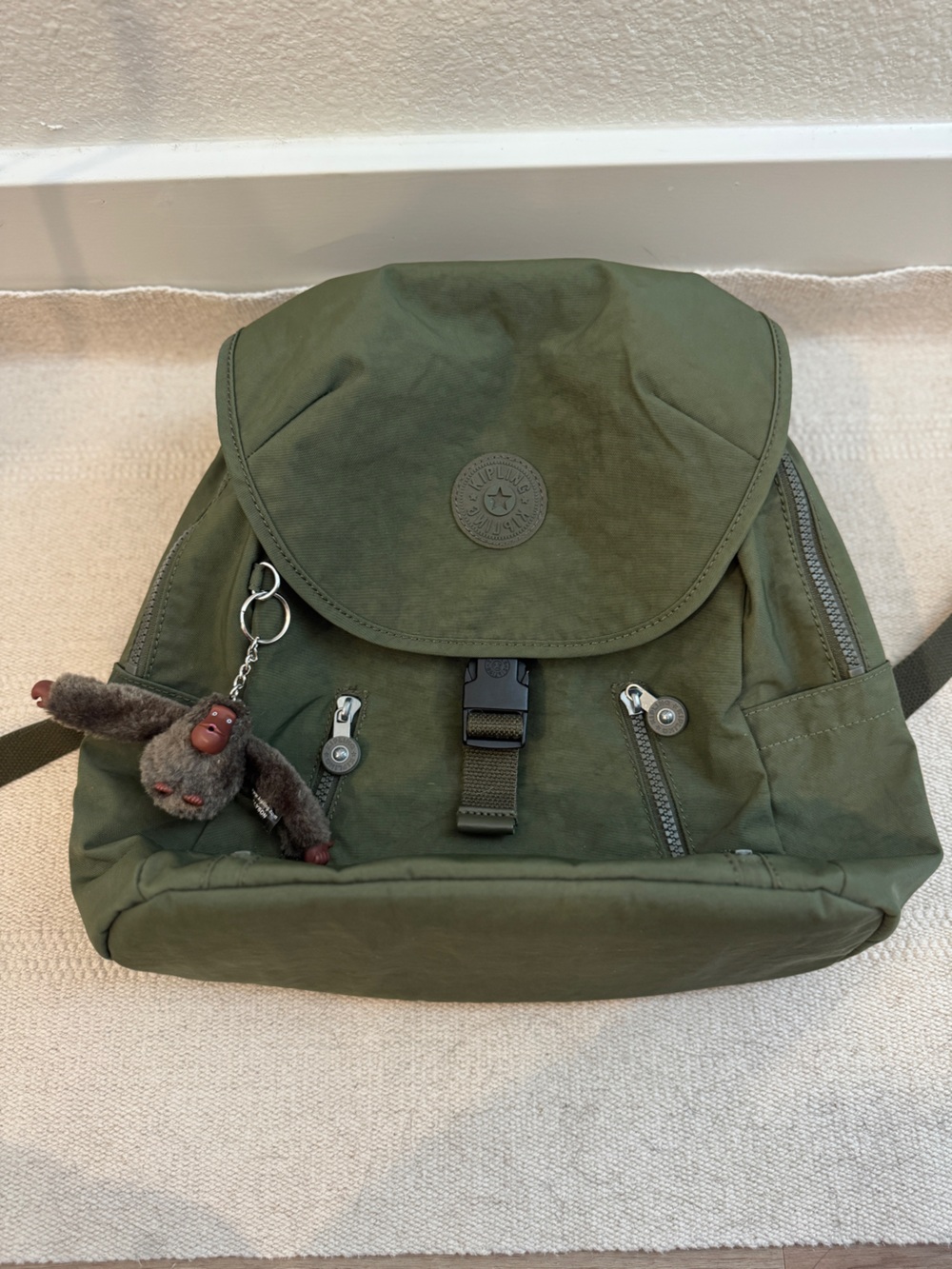Kipling Olive Green Nylon Backpack with Monkey Keychain